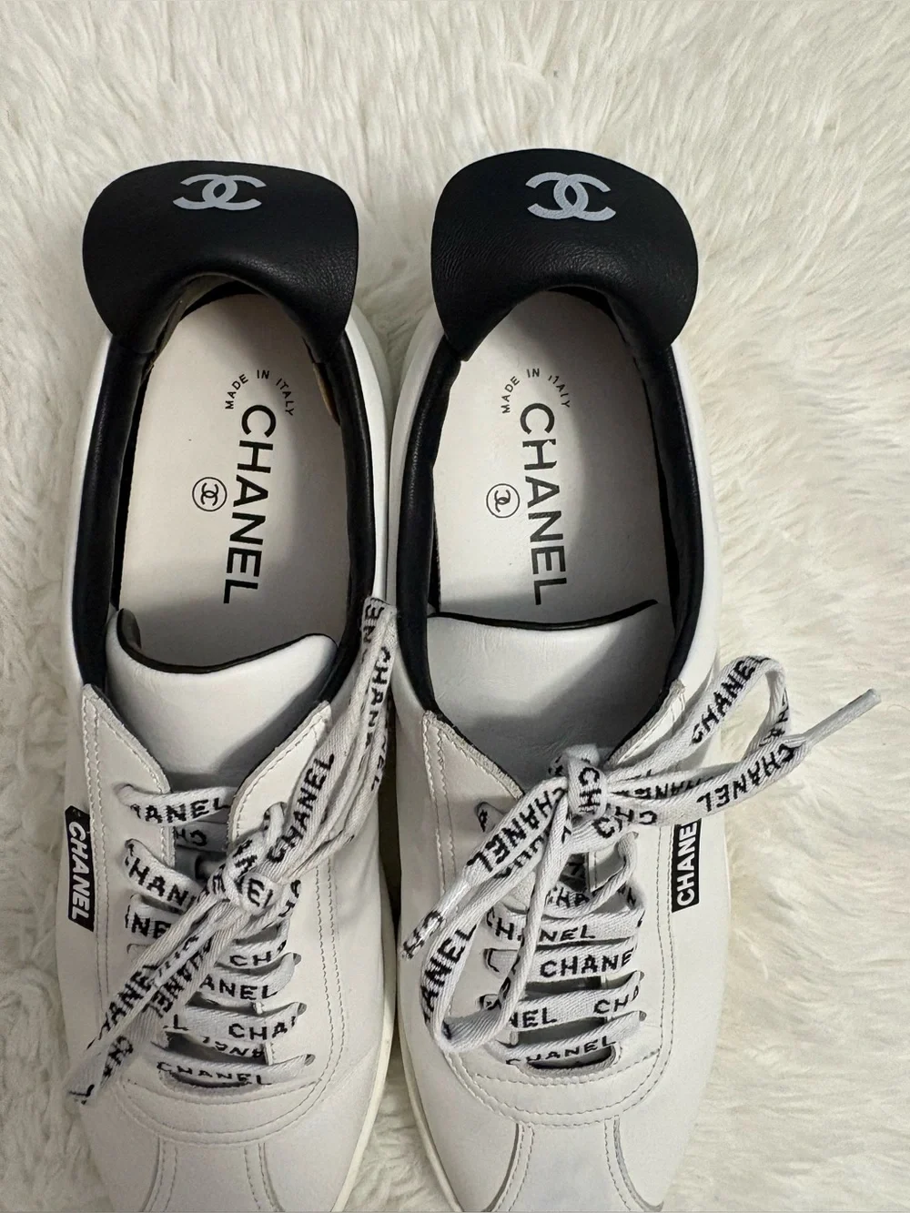 CHANEL White and Black Logo Lace-Up Sneakers